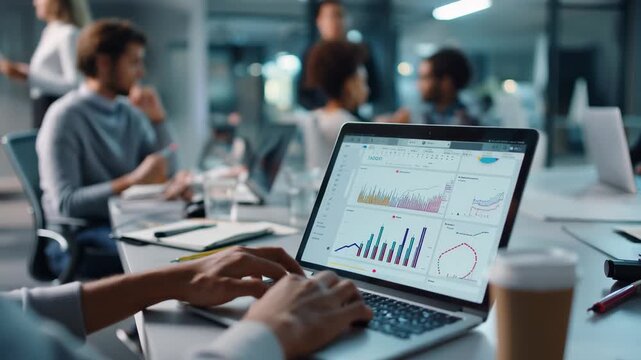 In a lively office filled with focused individuals, a person analyzes colorful graphs and charts on their laptop, revealing hidden data insights while collaborating with teammates around.