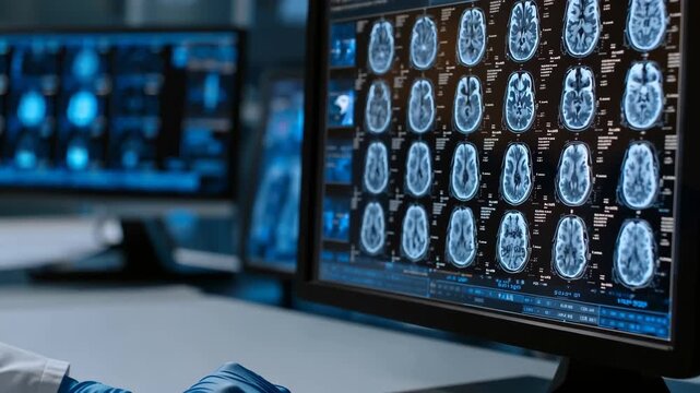 A skilled doctor in a lab coat examines detailed brain images on a screen. Focus is on identifying patterns and anomalies in brain health. The atmosphere is filled with curiosity and hope.
