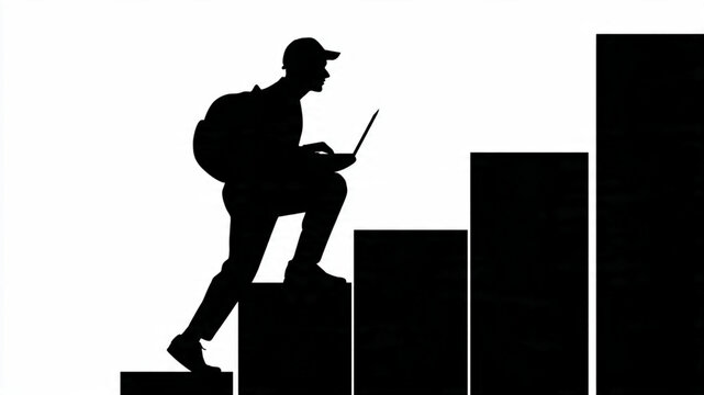 homem subindo escada enquanto trabalha no computador portatil conceito trabalho remoto isolado em fundo branco