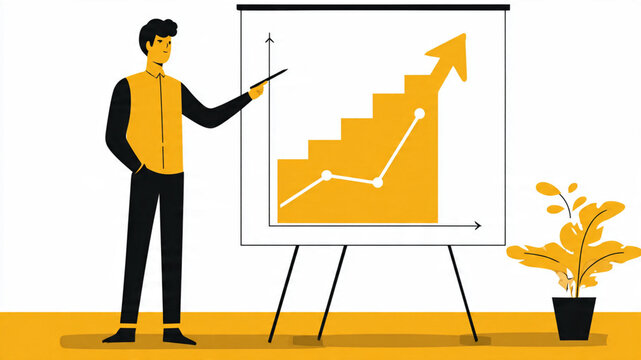ilustracao de homem explicando grafico de crescimento no quadro fundo branco isolado conceito educacao e negocios