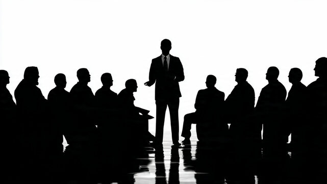 silhueta de homem palestrando para plateia conceito apresentacao lideranca e comunicacao isolado em fundo branco