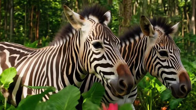 Two Zebras in a Lush Tropical Forest with Green Exotic Plants