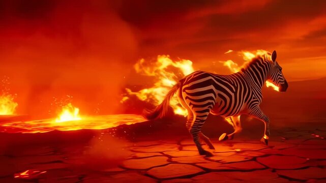 Surreal Zebra on Fire Galloping Across Volcanic Lava Landscape