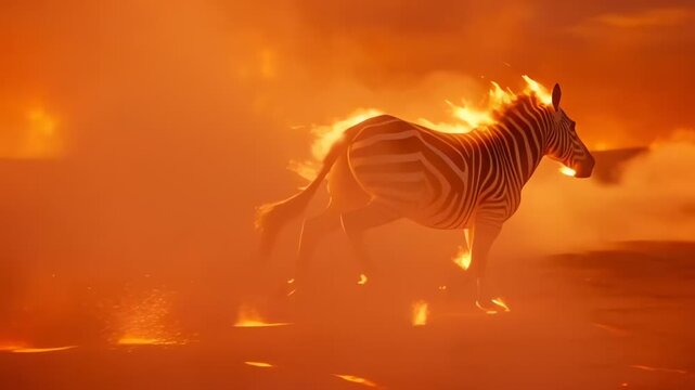 Surreal Zebra Running Through Hellish Fiery Landscape