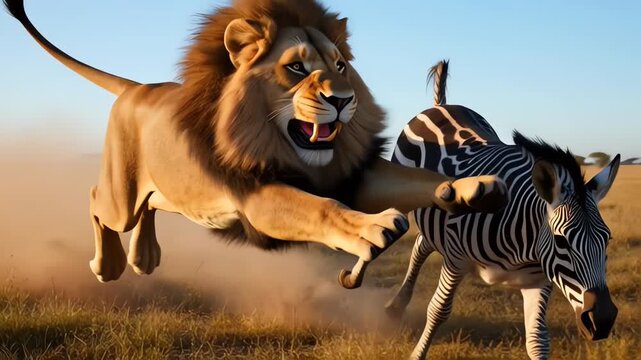 Male Lion Hunting Zebra on African Savanna at Sunset