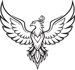 Fototapeta premium Phoenix bird rising silhouette icon isolated black white line art vector illustration