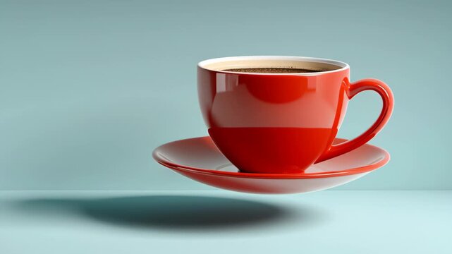 Red ceramic coffee cup with saucer floating above a light blue surface, showcasing a rich dark beverage inside, creating a visually striking composition