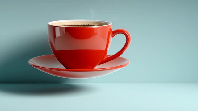 Red coffee cup with saucer floating above a light blue surface, steam rising from the hot beverage, showcasing a visually striking and modern presentation of coffee