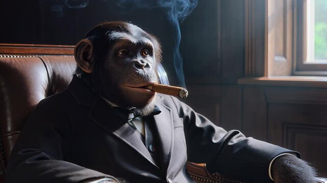 A chimpanzee in a suit sits on a leather chair smoking a cigar indoors.