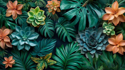 Obraz premium Lush Botanical Tapestry: Vibrant Medley of Deep Green Tropical Leaves, Colorful Succulent Rosettes, and Warm Terracotta Flowers in Stunning Natural Arrangement.