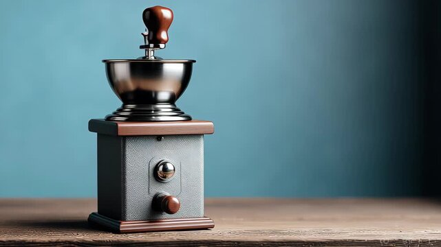 Vintage coffee grinder with a wooden handle and metal bowl, positioned on a wooden table against a blue wall, showcasing intricate design and craftsmanship