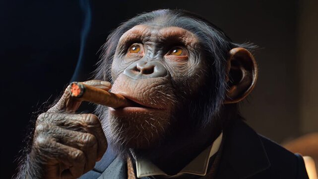 A chimpanzee in a suit smokes a cigar indoors with a thoughtful expression.