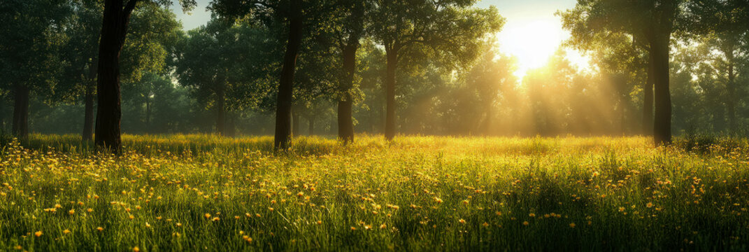 Lush green meadow filled with small yellow wildflowers bathed in brilliant golden sunbeams filtering through dense surrounding forest canopy