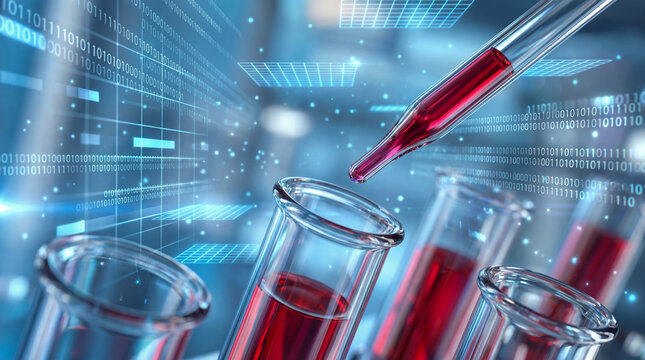 Scientific research concept illustrating blood testing in lab tubes with futuristic digital data streams and binary code overlay, symbolizing bioinformatics and medical analysis