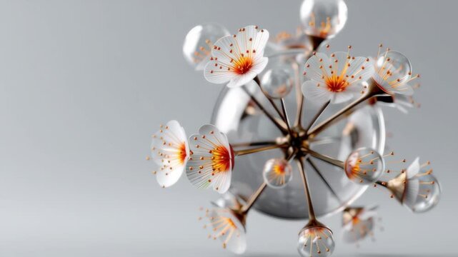 Decorative floral arrangement featuring white flowers with orange centers, displayed in a spherical glass vase against a soft gray background, showcasing intricate details and textures