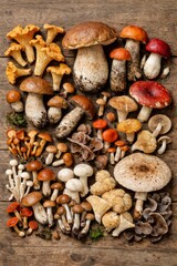 Fototapeta premium Assorted wild mushrooms and forest fungi on rustic wooden table - fresh foraged edible variety