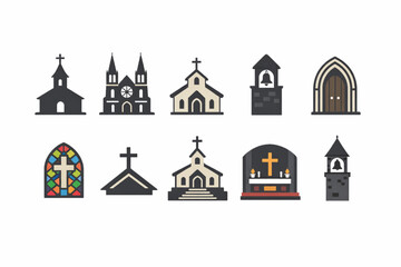 Fototapeta premium Church Building Icon Set – Cathedral, Chapel, Bell Tower, and Interior Symbols Flat Design