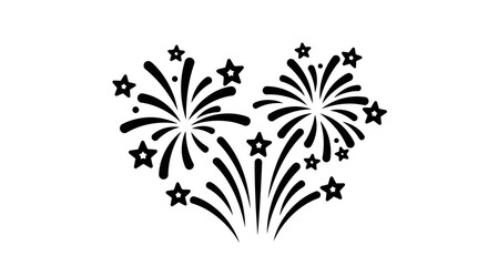 Black silhouette of fireworks and stars forming a heart shape