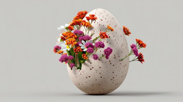 Decorative egg filled with colorful flowers, showcasing a vibrant arrangement of daisies and other blooms emerging from a speckled shell in a neutral background setting