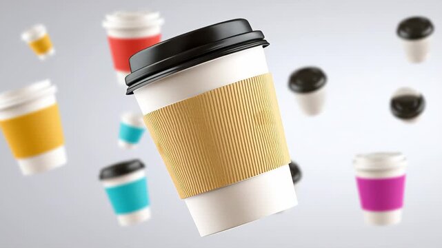 Coffee cups in various colors and sizes float against a light background, showcasing a dynamic arrangement of disposable beverage containers in a visually engaging manner