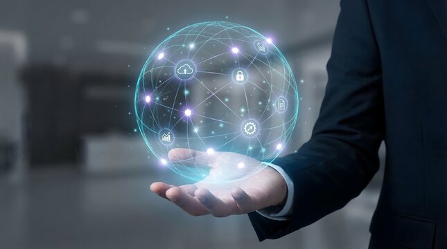 A modern business technology visualization showing a professional business hand controlling a floating digital data sphere representing global digital operations and business systems.