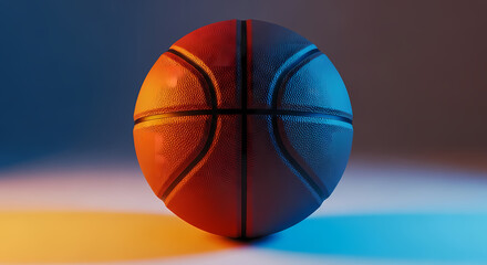 Obraz premium Artistic studio shot of a basketball illuminated by warm orange and cool blue split lighting, creating striking color contrast on the textured leather surface