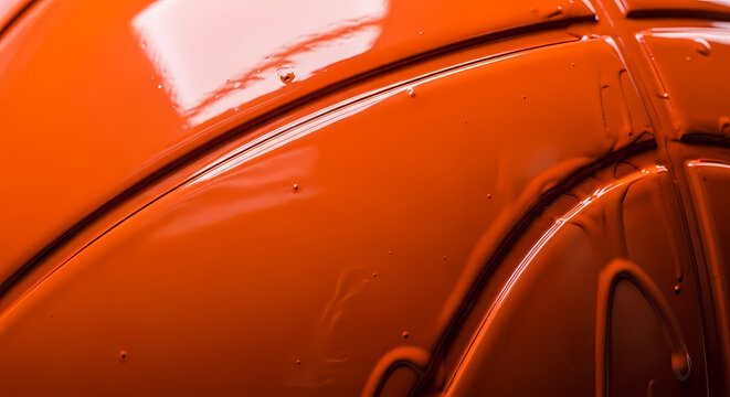 Stunning close-up of a vintage orange car's glossy curved bodywork featuring pristine chrome trim lines and reflective paint finish.
