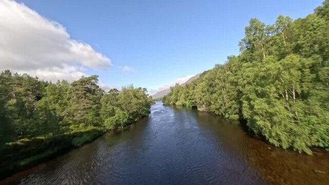 Low Angle FPV Drone Flight Over Fast River Rapids in  Lush Green Forest