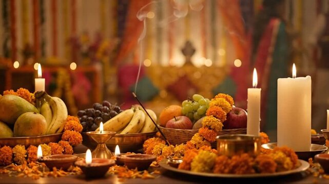 Warm glow illuminates a traditional baisakhi festive table with offerings of fruits, marigold garlands, candles, and incense in a spiritual setting.