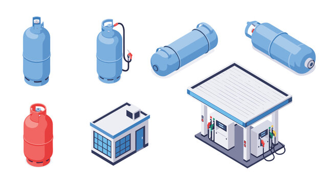 Isometric view of various propane gas cylinders a large storage tank and a small station building with fuel pumps on white.