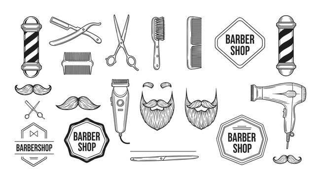 Collection of vintage barbershop emblems and tools including scissors combs razors clippers beard and mustache silhouettes.