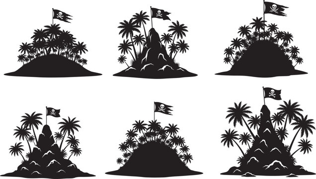 A collection of six black and white silhouettes featuring tropical islands with pirate skull flags
