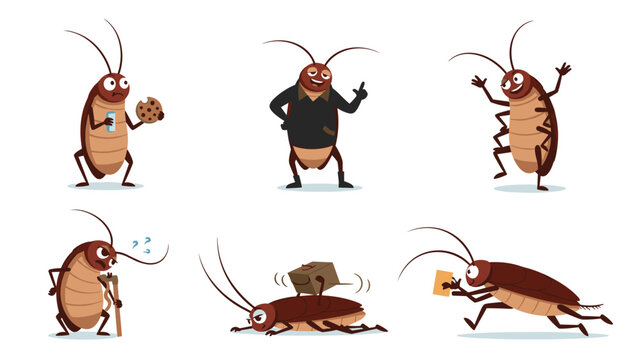 Funny cartoon cockroaches in various humorous poses and activities including eating cookies using a cane and carrying heavy boxes.