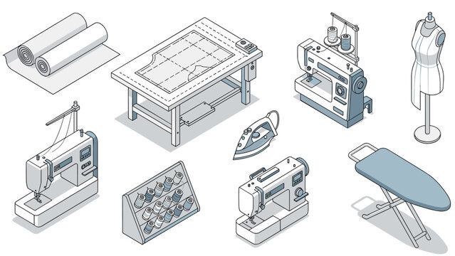 Isometric icons of sewing equipment and tailoring tools including industrial sewing machines fabric rolls ironing board and thread rack.