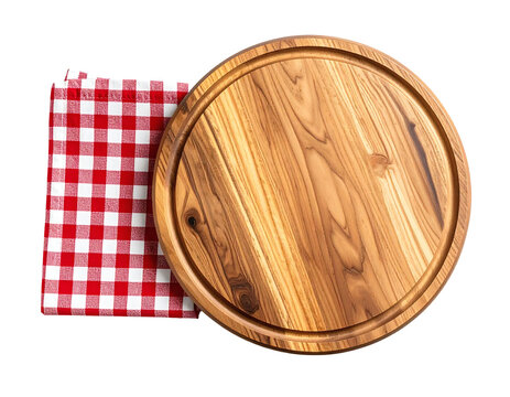 Empty round wooden cutting board or serving platter crafted from natural teak wood, perfectly paired with a classic red and white checkered tablecloth, ready for your culinary creations&nbsp;&nbsp;