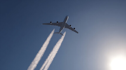 Fototapeta premium Large passenger plane soars across a vibrant blue sky, leaving prominent white contrails; a sun flare adds brilliance to this travel scene