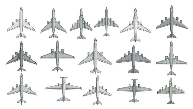 Large collection of airplane silhouettes from top view including commercial airliners private jets and turboprop planes for travel icons.