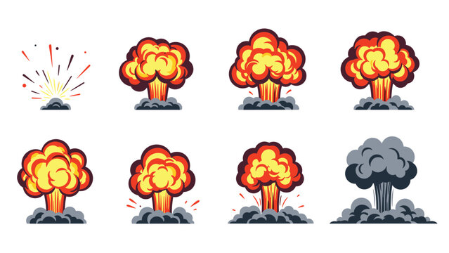 Dynamic fire and smoke explosion sequence showing various stages of a blast from initial flash to large mushroom cloud smoke.