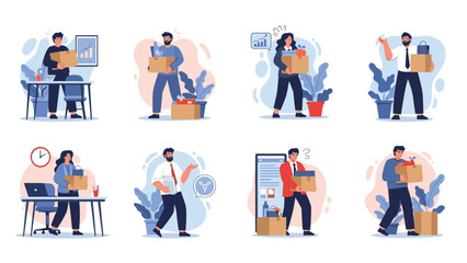 Fototapeta premium Diverse office employees in various emotional states carrying cardboard boxes filled with personal belongings after a job loss or move.