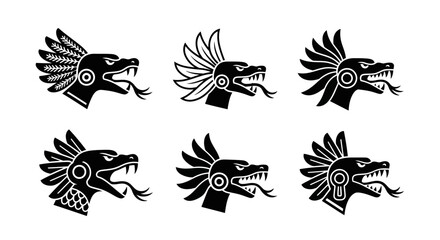 Naklejka premium Collection of Aztec Serpent Head Icons - Tribal Art and Mythology Symbols