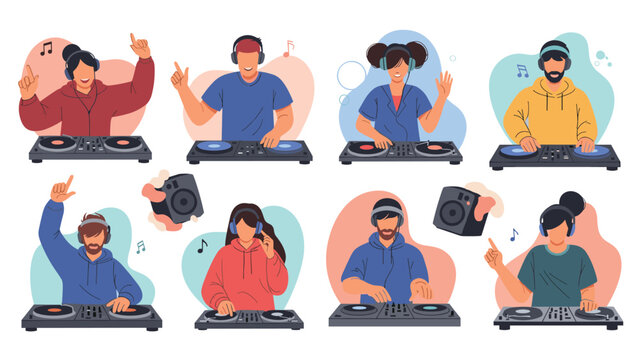 Diverse group of male and female djs wearing headphones and performing on music mixing consoles and turntables in a variety of styles.