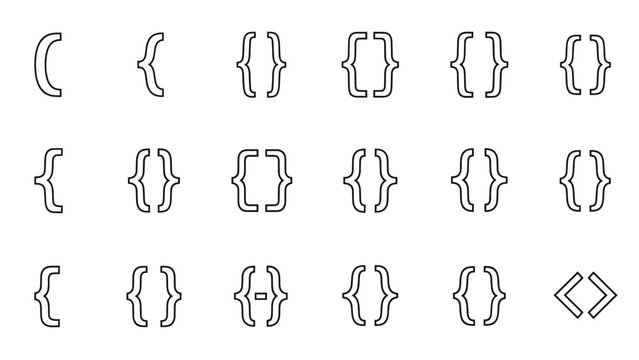 Set of various typographic brackets and parentheses including curly, square, round, and angle styles in clean black outline designs.