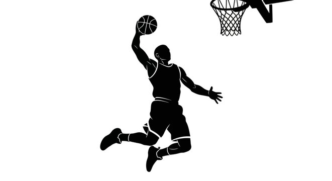 Man dunking basketball in mid air.