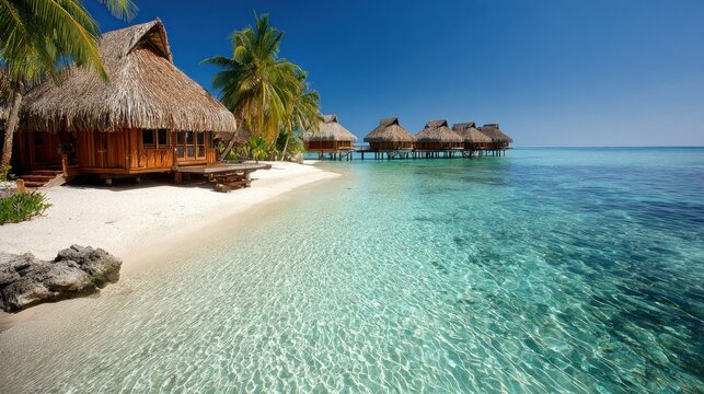 Wooden bungalows with thatched roofs stand beside clear turquoise ocean water under a bright blue sky