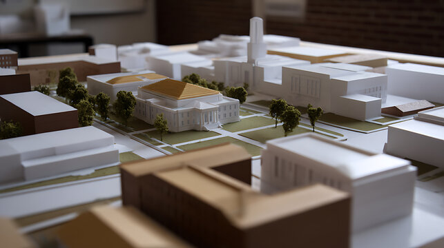 Architectural Scale Model of a Detailed Urban Plan with Buildings, Trees, and Green Spaces, Representing Design and Development