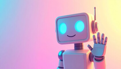 Naklejka premium Friendly Robot Character Waving Hand Gesture.