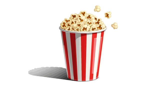Classic striped popcorn bucket filled with fresh movie theater snack over white background.