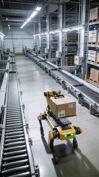 Yellow quadruped robot carrying cardboard box through automated fulfillment center. High angle tracking shot.