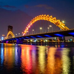 Fototapeta premium A large illuminated bridge over a body of water at night