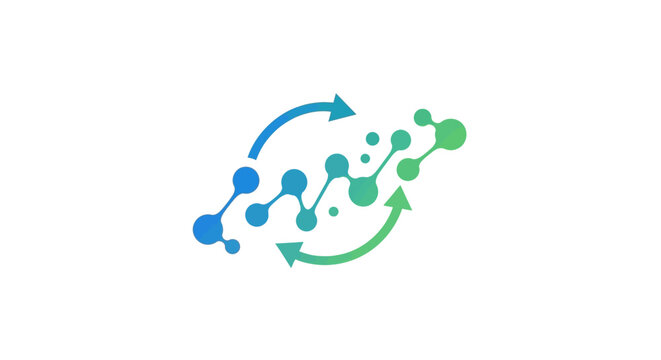 Abstract molecular structure with arrows indicating progress and connection.